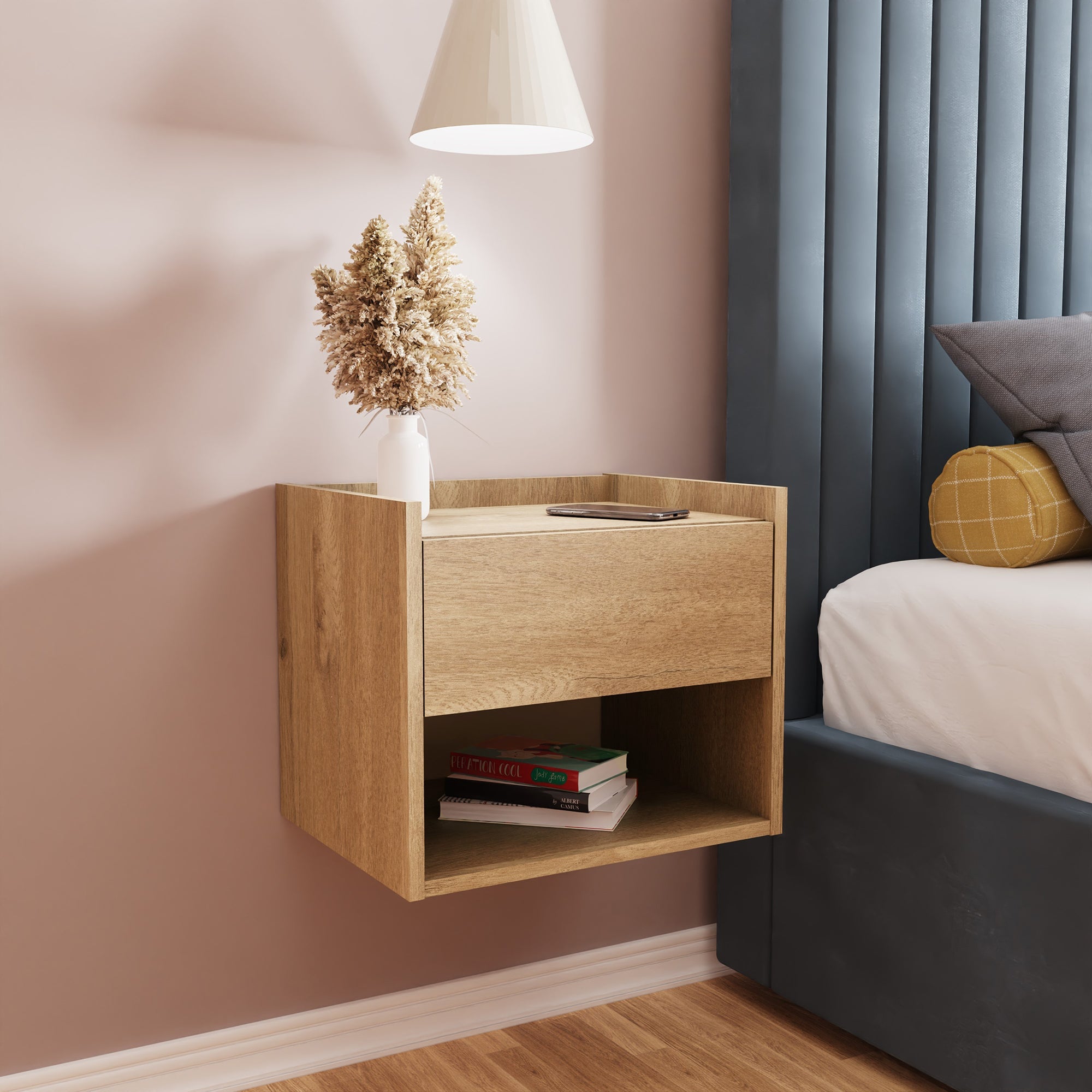 Harmony Wall Mounted Pair Of Bedside Tables Oak - GFW – GFW, view 2