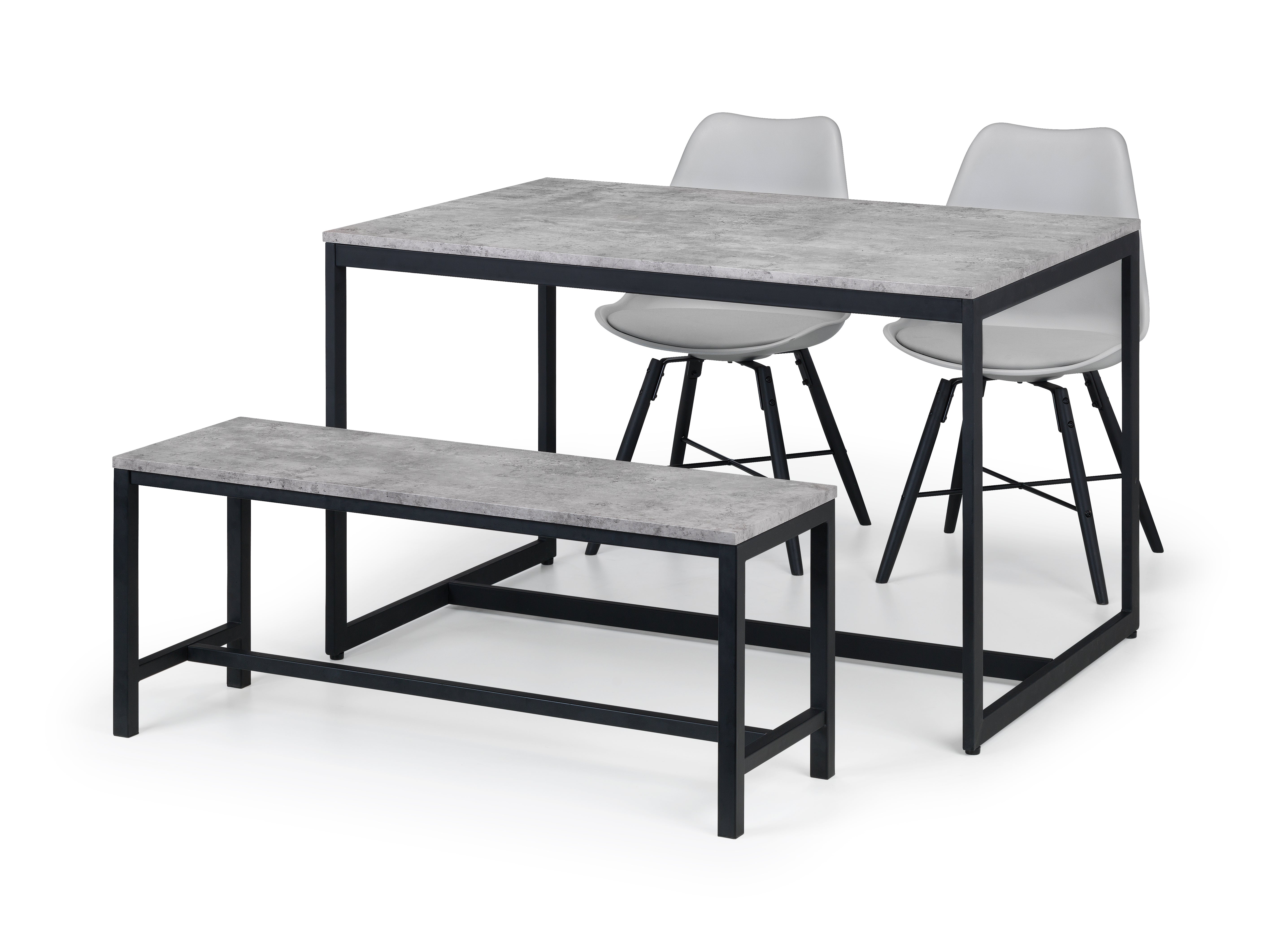 Staten Table, 1 Staten Bench and 2 Grey Kari Chairs