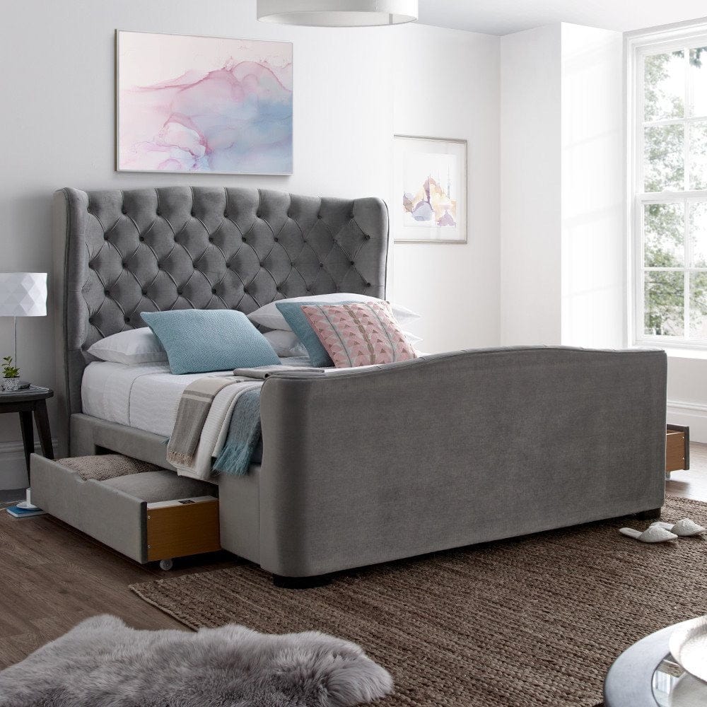 Julian Bowen Fabric Bed Downton Velvet 2 Drawer Storage Bed - Slate Grey Bed Kings