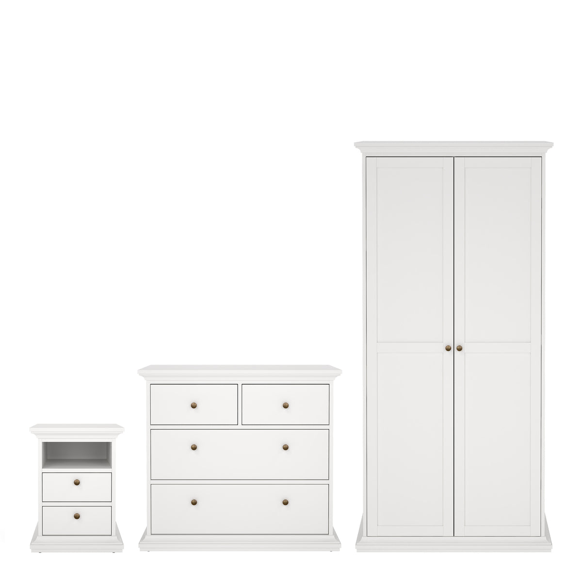 Paris bedroom package with wardrobe, chest and bedside in white