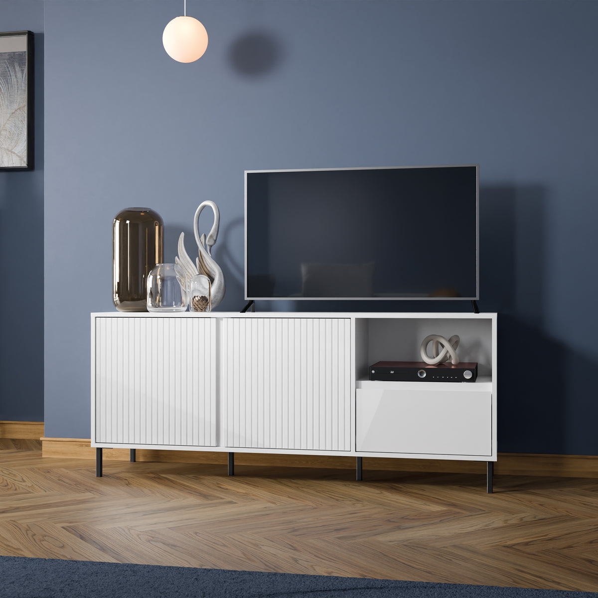 Avenale 157 cm TV cabinet with 2 doors and 1 drawer in Alpine white high gloss, photo 4