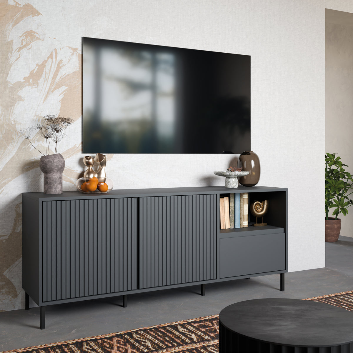 Avenale 157 cm TV cabinet with 2 doors and 1 drawer in anthracite, photo 4