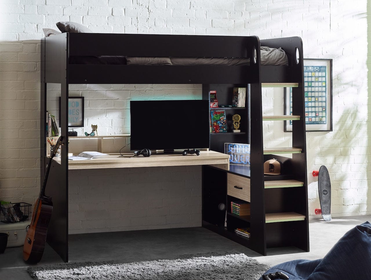 Blaze Gaming Highsleeper Bed - Black And Pale Wood – Julian Bowen, view 5