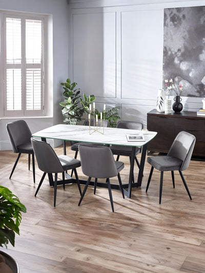Olympus White Marble Effect Table and 6 Grey Burgess Chairs