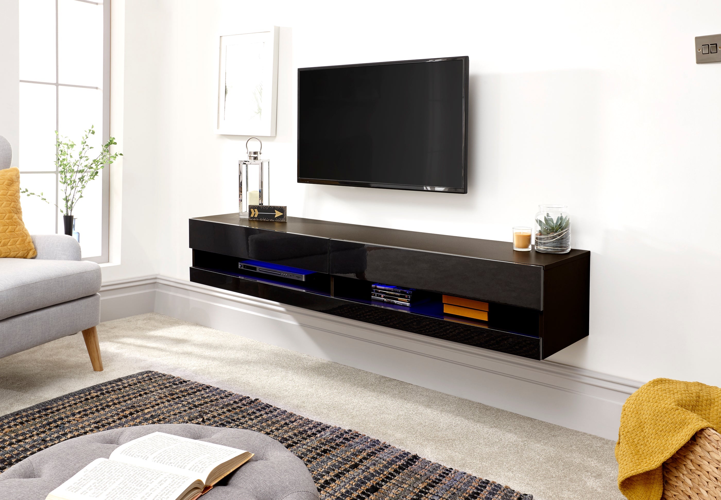 Galicia 150Cm Wall TV Unit With Led Black – GFW, view 2