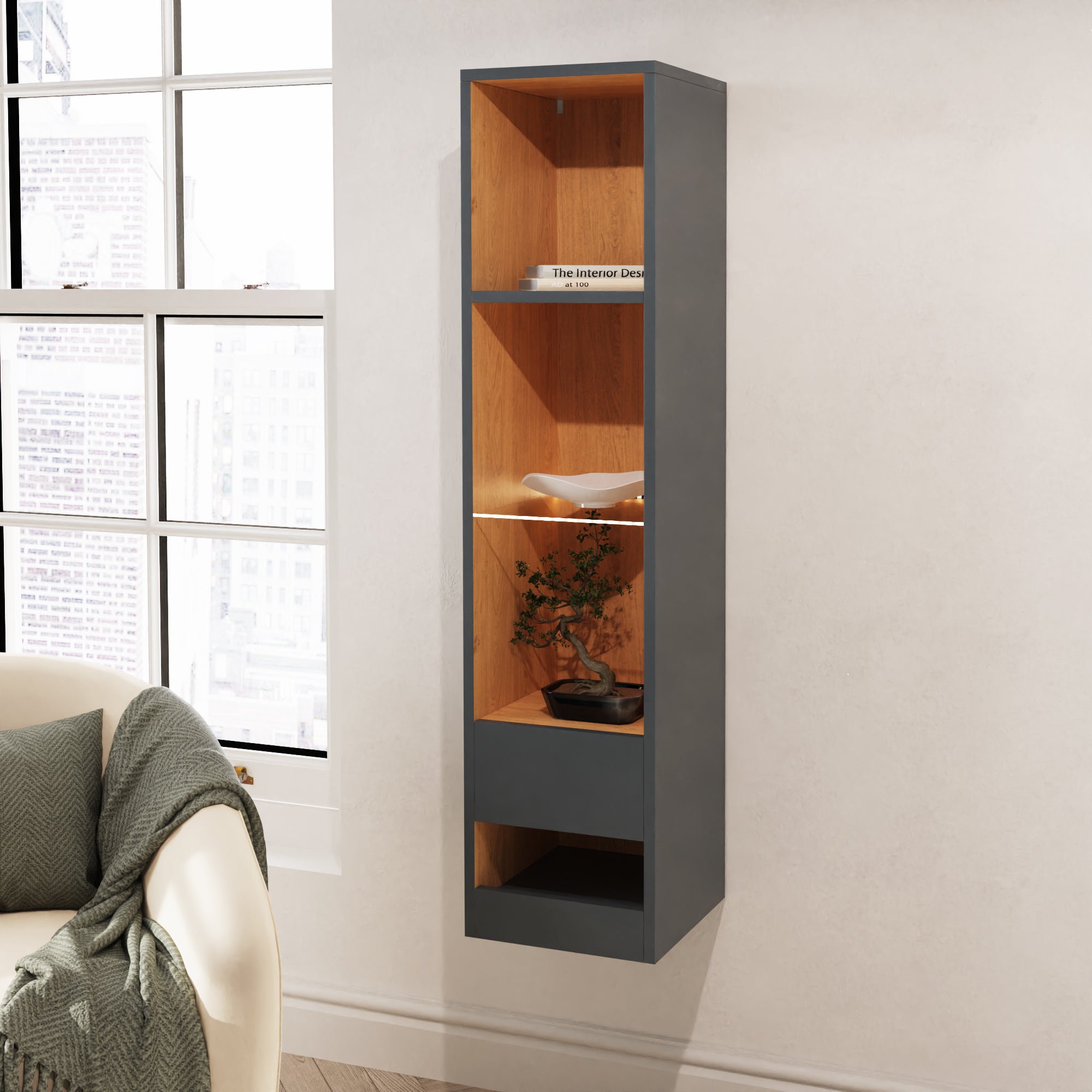 Leon Tall Shelf Unit With LED Anthracite/Oak – GFW, view 2
