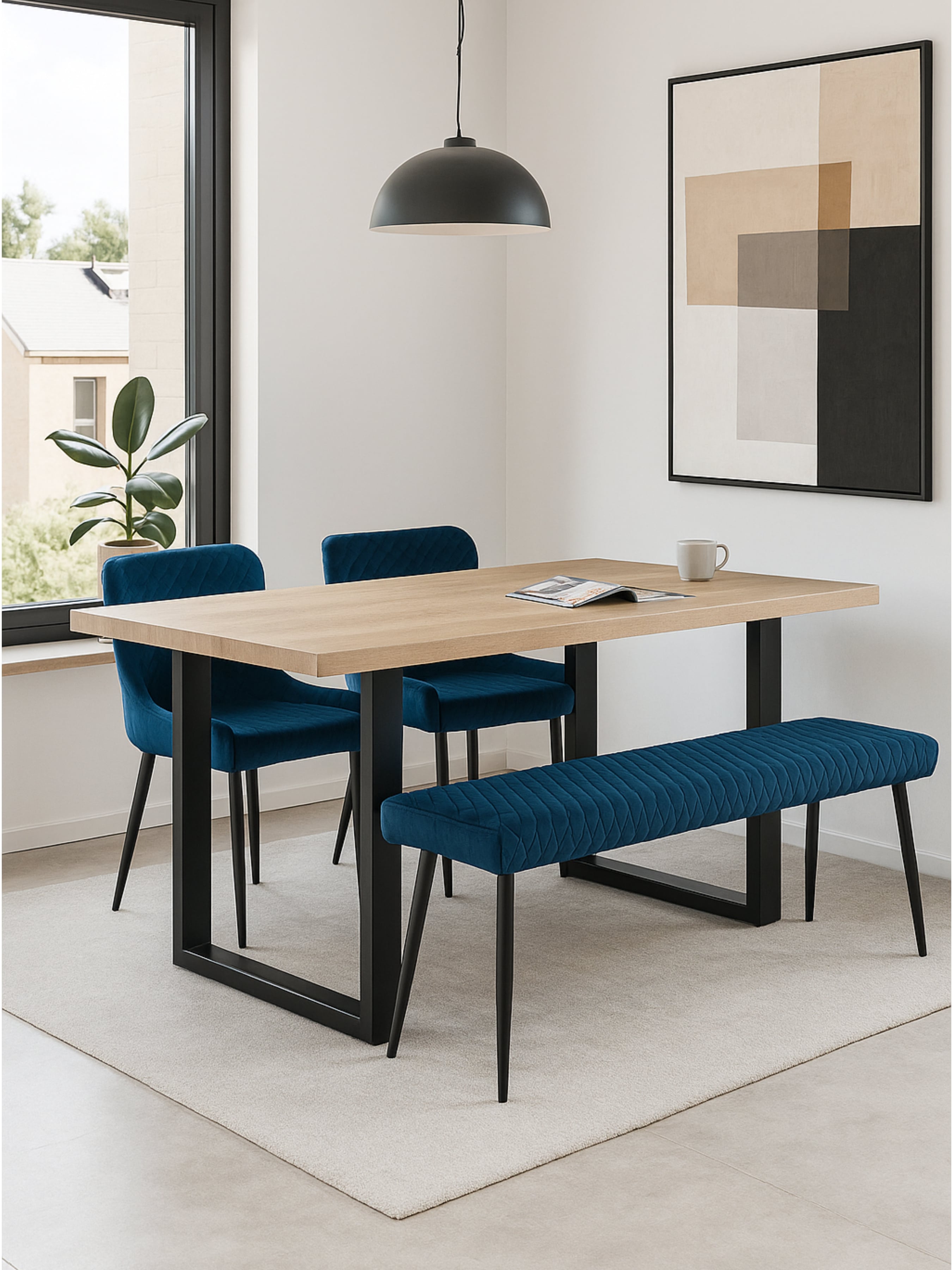 Berwick Rectangular Table, 1 Blue Luxe Low Bench and 2 Blue Luxe Chairs
