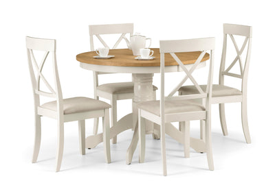 Davenport Ivory and Oak Round Table and 4 Ivory Davenport Chairs