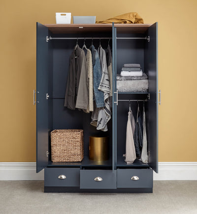 Kendal 3 Door 3 Drawer Wardrobe Slate Blue – GFW, view 3